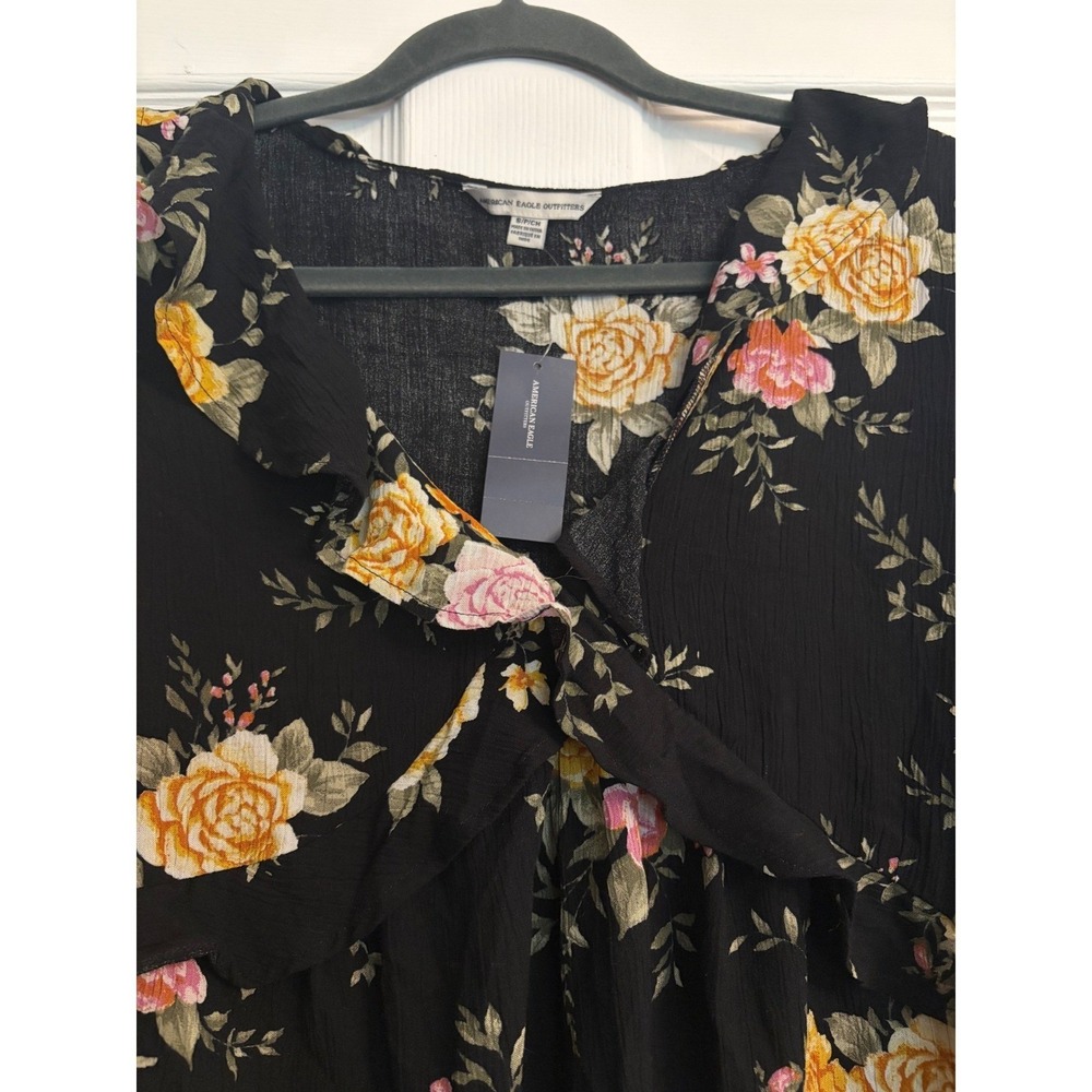 American Eagle Blouse S Black Boho, Floral, Ruffle, Bell Sleeve, Peasant, Peplum